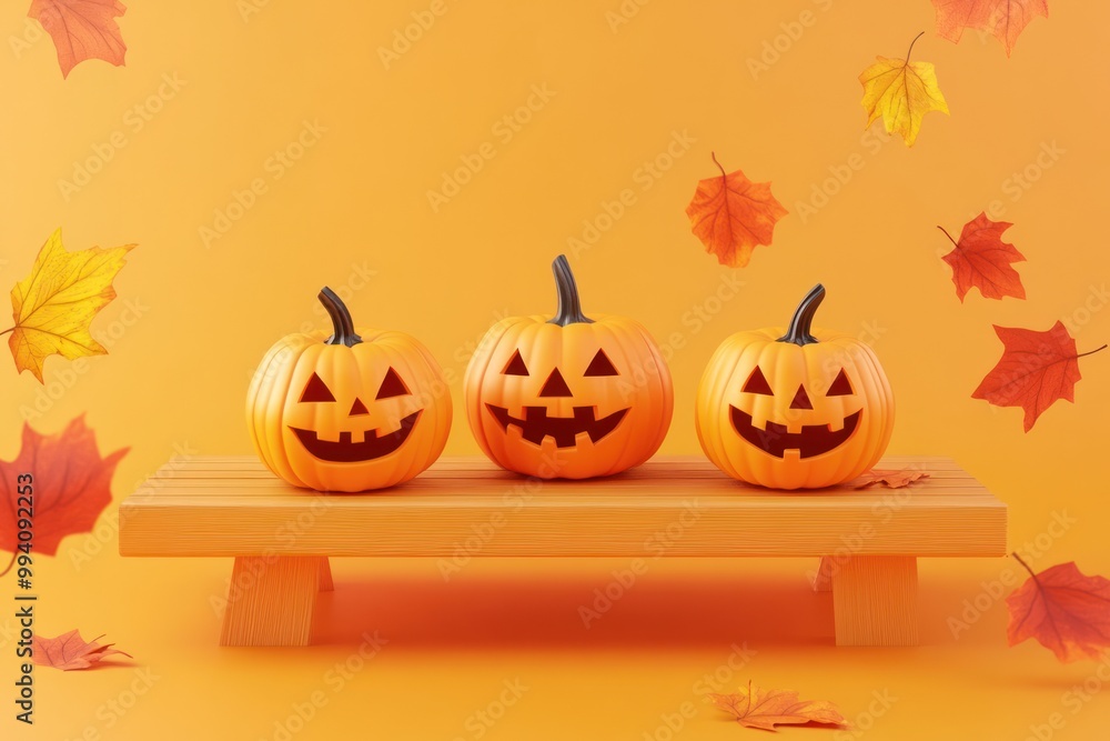 Wall mural Three smiling jack-o'-lanterns on a wooden bench with autumn leaves on an orange background.