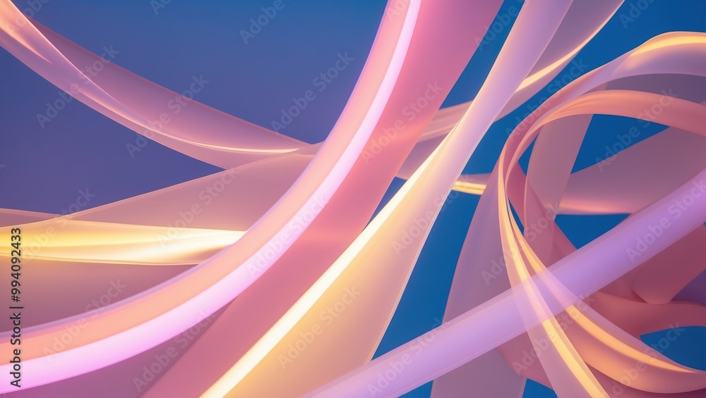 Poster abstract composition featuring dynamic, flowing light lines in soft pastel colors creating a vibrant