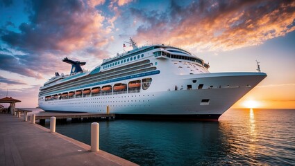 Large cruise ship docked at port during stunning sunset, ideal for travel and vacation concepts, evoking adventure and leisure.