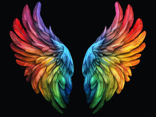 Fototapeta premium Pure White Angel Wings Black Angel Wings Rainbow Wings Isolated on Black