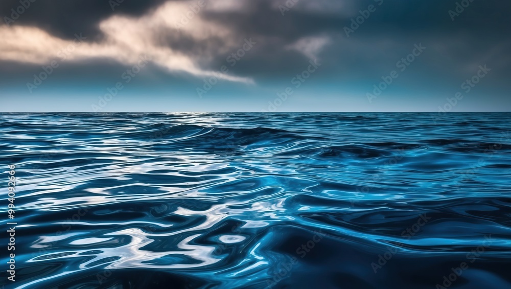 Poster endless ocean view with shimmering waves reflecting soft light, creating a tranquil and peaceful atm