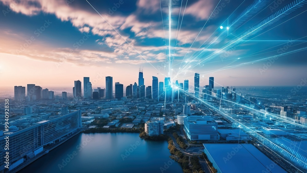 Poster dynamic city skyline with futuristic tech elements, showcasing modern architecture and vibrant atmos