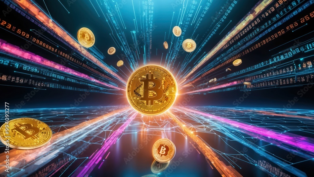 Aufkleber futuristic digital concept of cryptocurrency with bitcoin coins and data streams, symbolizing financ