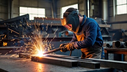 Welder creating metal works in workshop, showcasing sparks during welding process, highlighting skilled craftsmanship and industry productivity.