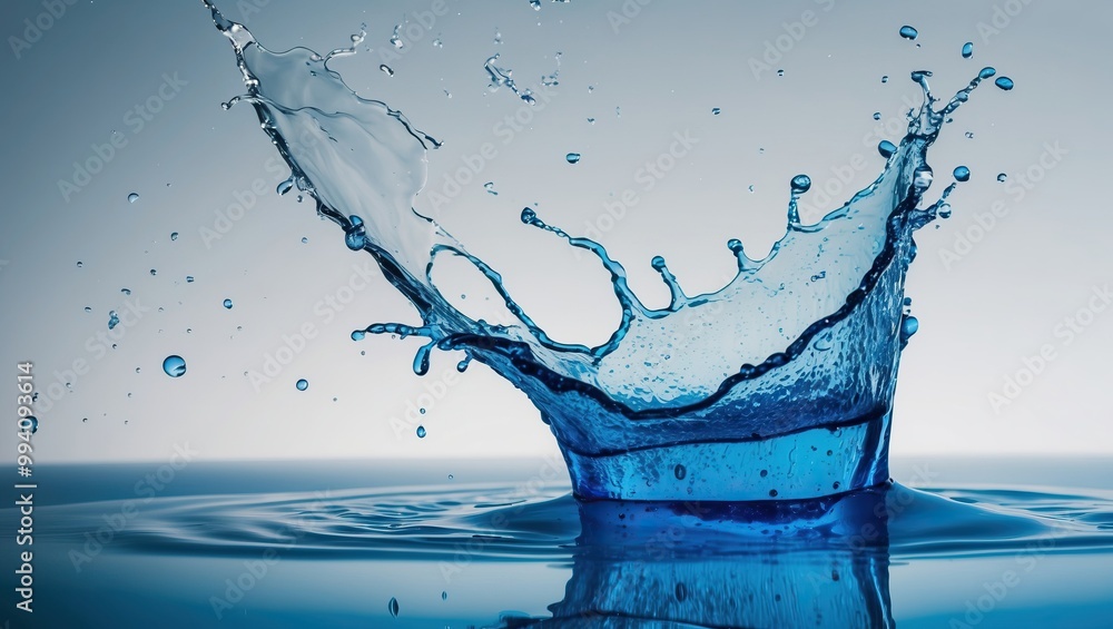 Poster dynamic splash of blue water creating ripples, symbolizing freshness and fluidity, ideal for concept