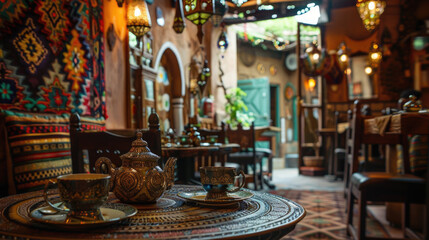 Obraz premium Cozy Traditional Middle Eastern Cafe with Ornate Decor and Authentic Tea Set on Table
