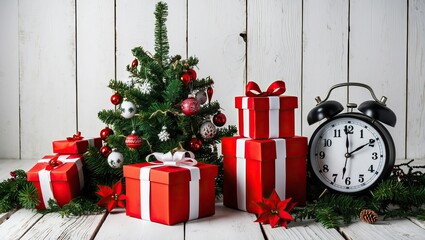 Christmas scene featuring decorated tree, wrapped gifts, and clock, evoking festive atmosphere and holiday spirit.