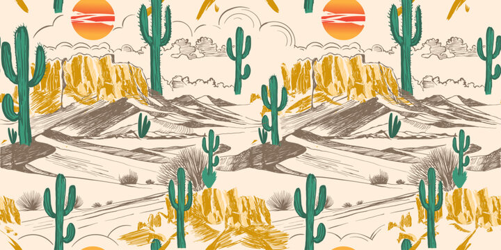 Desert Retro Vintage pattern. summer tropical patterns. cow boy, cow girl, textaile fabric  bacgraound. cactus vector graphic t shirt print.