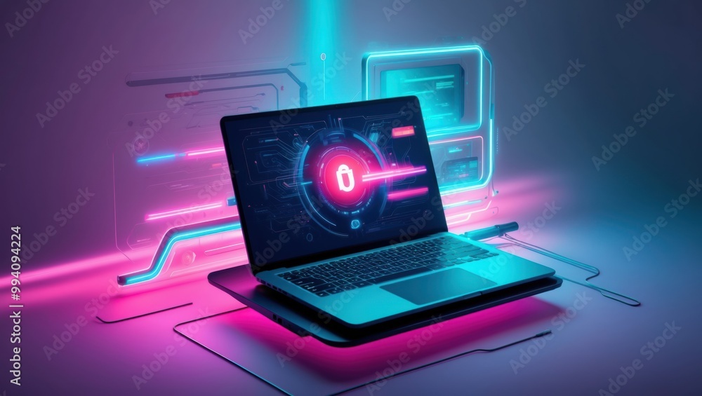 Poster futuristic laptop showcasing advanced digital security interface with neon colors, representing tech
