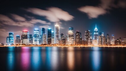 Obraz premium Vibrant city skyline at night with illuminated skyscrapers reflecting on water, showcasing modern architecture and urban life in a lively atmosphere.