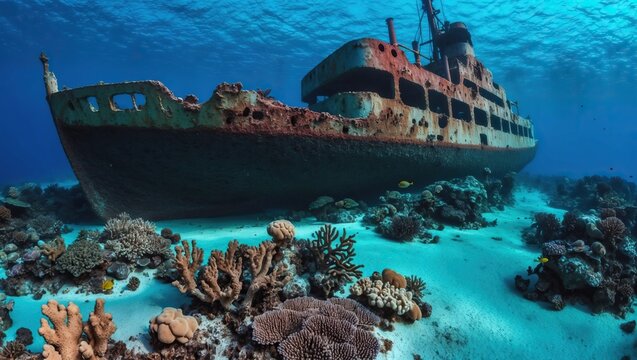 Underwater scene featuring a rusted shipwreck surrounded by coral reefs, showcasing marine life and vibrant ocean colors in a tranquil environment.
