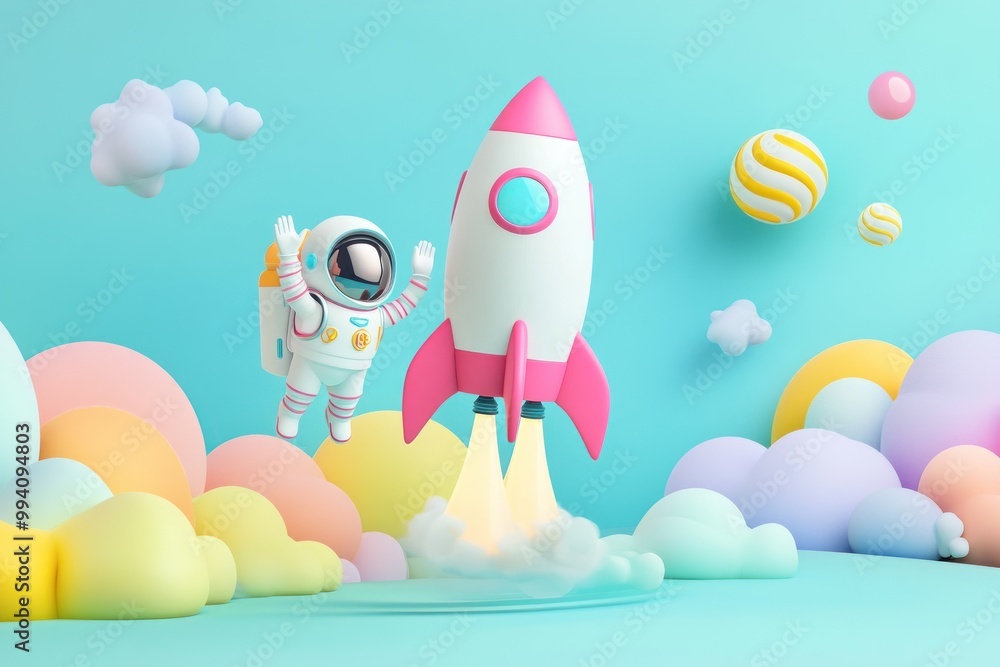 Poster a whimsical scene featuring a cheerful astronaut and a colorful rocket in a playful environment.