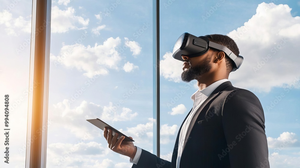Poster man using vr headset for virtual collaboration in modern office with large window