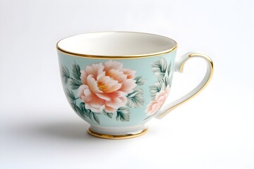 Elegant Porcelain Teacup with Delicate Floral Patterns and Intricate Gold Trim for Advertising or Business Brochures