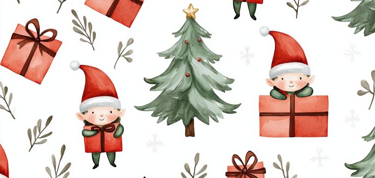 Festive Christmas pattern with cute elves, gifts, and a decorated tree on a white background.