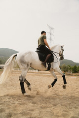Portrait of a young rider on a white horse in an outdoor equestrian arena, with his back to the camera. Equestrian concept and training