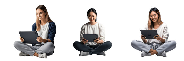 A young woman working on a tablet while sitting cross-legged representing Focus, Productivity, Technology, Comfort, and Modern Work