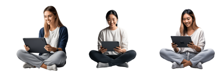 A young woman working on a tablet while sitting cross-legged representing Focus, Productivity, Technology, Comfort, and Modern Work