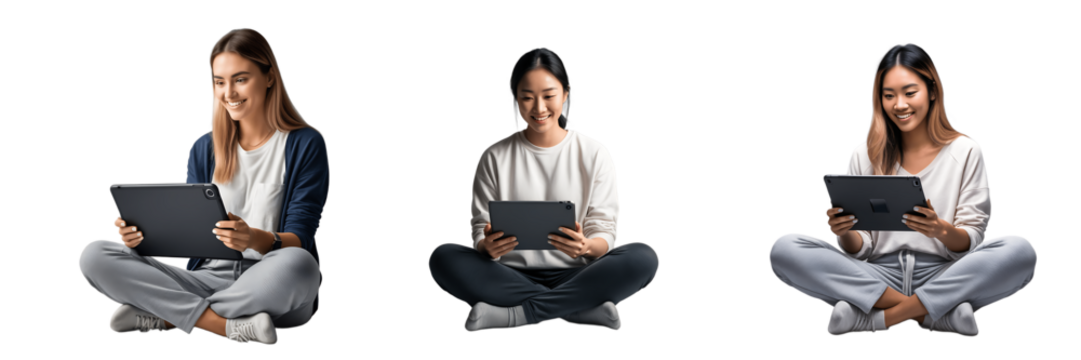 A young woman working on a tablet while sitting cross-legged representing Focus, Productivity, Technology, Comfort, and Modern Work