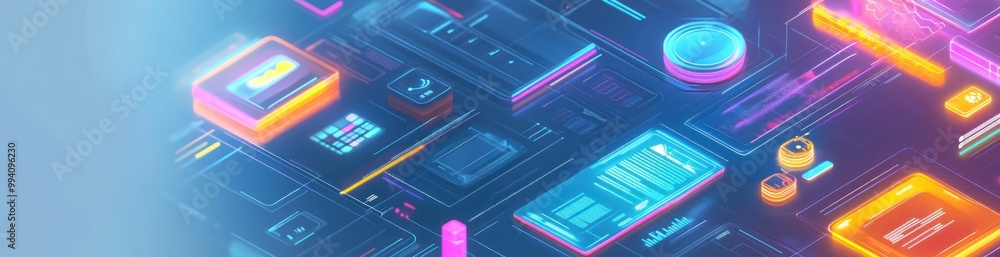 Poster a vibrant digital interface featuring neon elements and data displays.