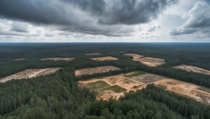 Fototapeta premium Aerial view of forest landscape showing cleared land under cloudy sky, highlighting environmental changes and potential land use.