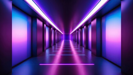 Futuristic corridor with vivid neon lights creating a vibrant atmosphere and sleek design, ideal for modern art, technology themes, or sci-fi concepts.