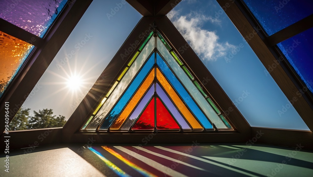 Poster image features a colorful stained glass window illuminated by sunlight, casting vibrant reflections,