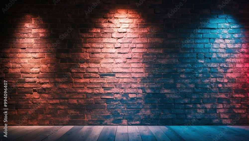 Poster stylish brick wall illuminated with soft lights in various colors creating an artistic atmosphere su