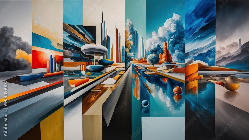Poster vibrant abstract landscape showcasing futuristic architecture, dynamic reflections in water, and col