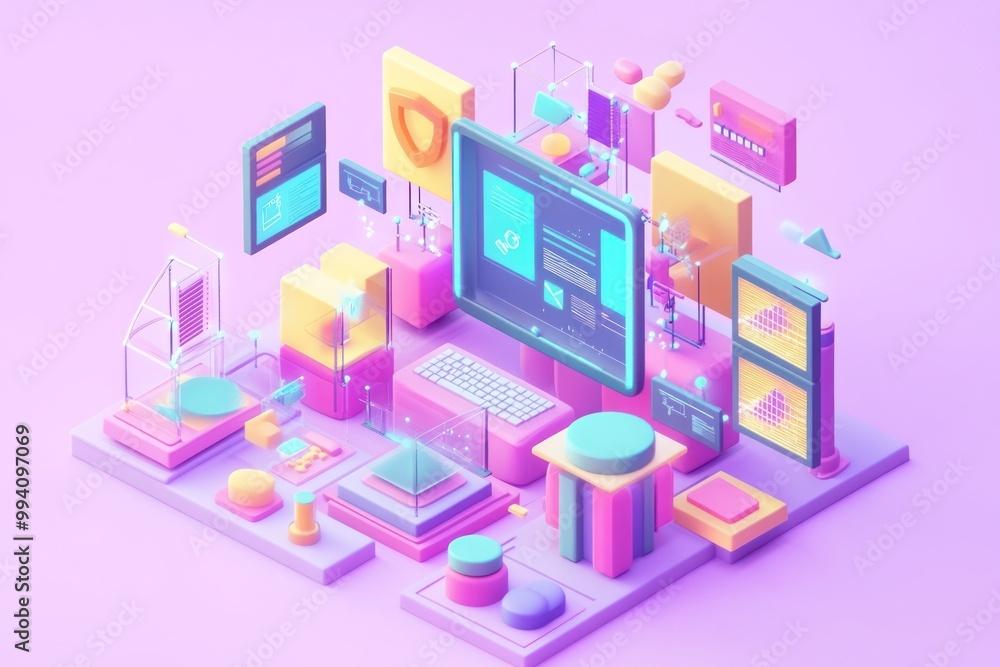 Poster a colorful 3d illustration of a technology workspace with screens and data visualizations.
