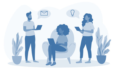 Illustration showing a team of three people with laptops, discussing ideas and email communication, with plant decor in an office setting. Concept of teamwork and collaboration. Vector illustration