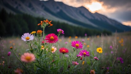 Obraz premium Colorful wildflowers blooming in a serene meadow with mountains in the background, creating a tranquil and picturesque outdoor setting.