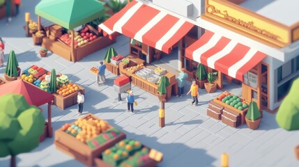 A vibrant market scene with stalls selling fresh produce and people shopping.