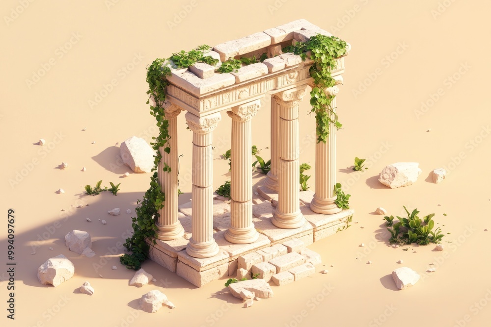 Poster a weathered ancient temple with columns, adorned with vines, set in a sandy environment.