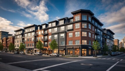 Modern residential building in urban setting, showcasing contemporary architecture and inviting street environment, ideal for city living and community engagement.