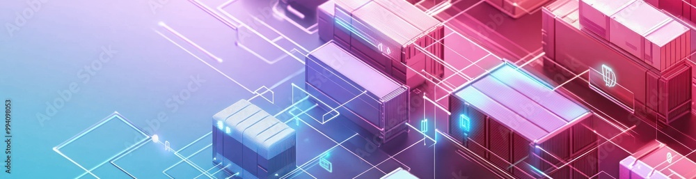 Poster abstract digital representation of shipping containers with a futuristic design.