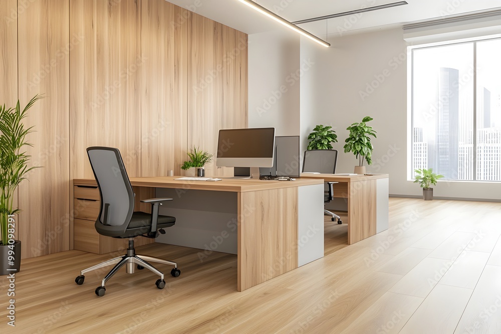 Wall mural Minimalist and Cozy Workspace with Warm Wooden Accents Designed for Productive and Inspiring Office Environment  Blend of Clean Lines Natural Lighting and Tasteful Decor Elements