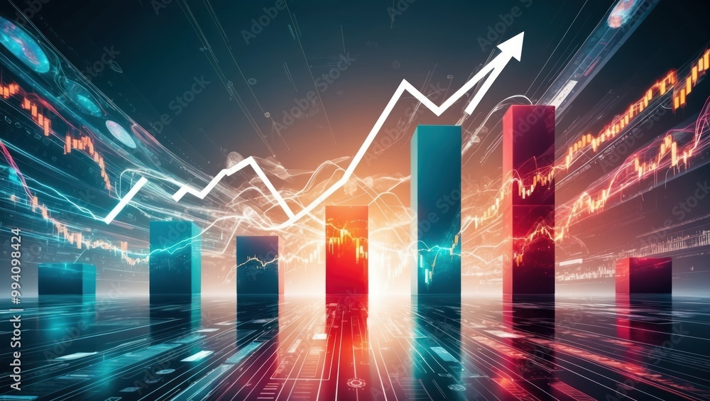 Poster dynamic visualization of financial growth portrayed through vibrant graphs and charts, symbolizing p