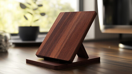 Obraz premium A wooden stand with a sleek design, positioned on a table beside a plant, showcasing its elegant craftsmanship and natural materials.