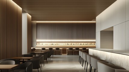 Modern interior of a stylish restaurant featuring elegant lighting and minimalist design.