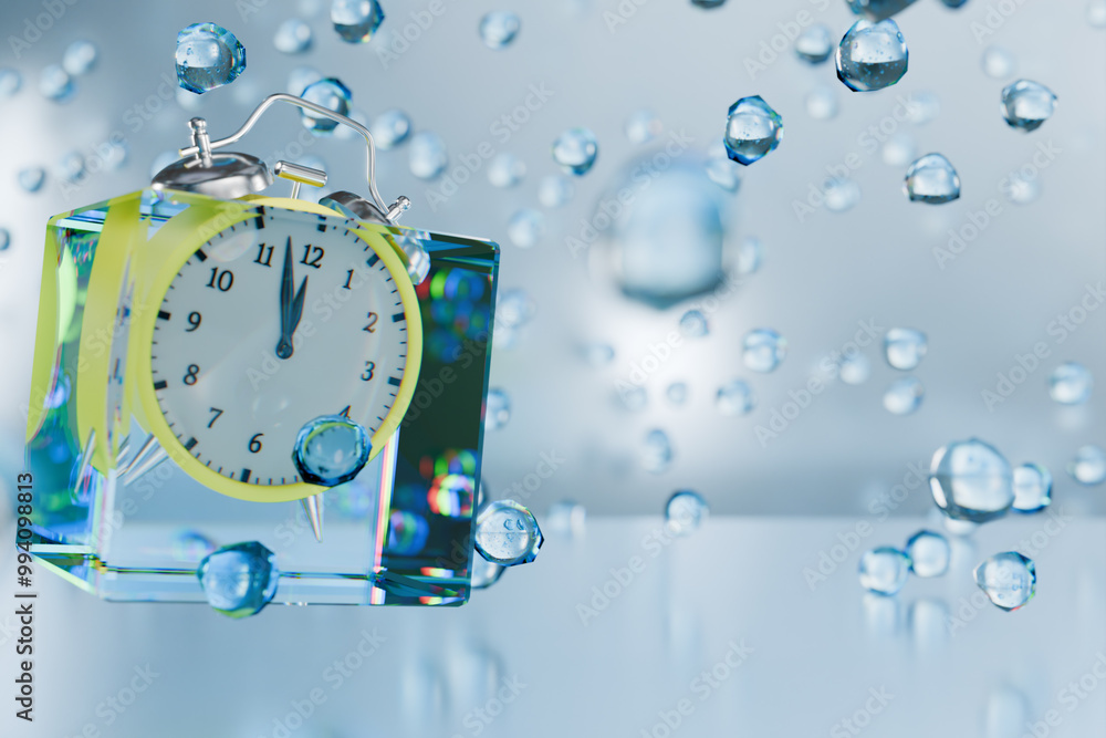 Poster a clock submerged in water, surrounded by bubbles, symbolizing the passage of time. 3d rendering