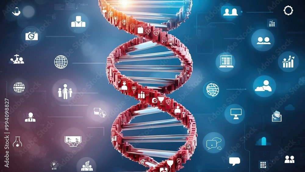 Poster digital representation of dna helix surrounded by technology icons symbolizing the intersection of g