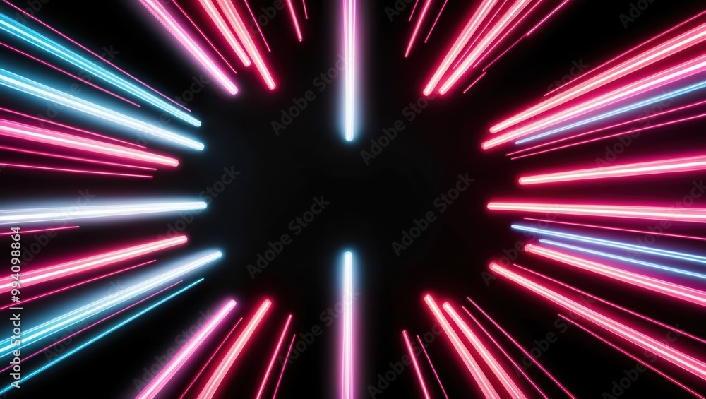 Poster vibrant neon rays explode from center, creating a futuristic atmosphere perfect for technology and c