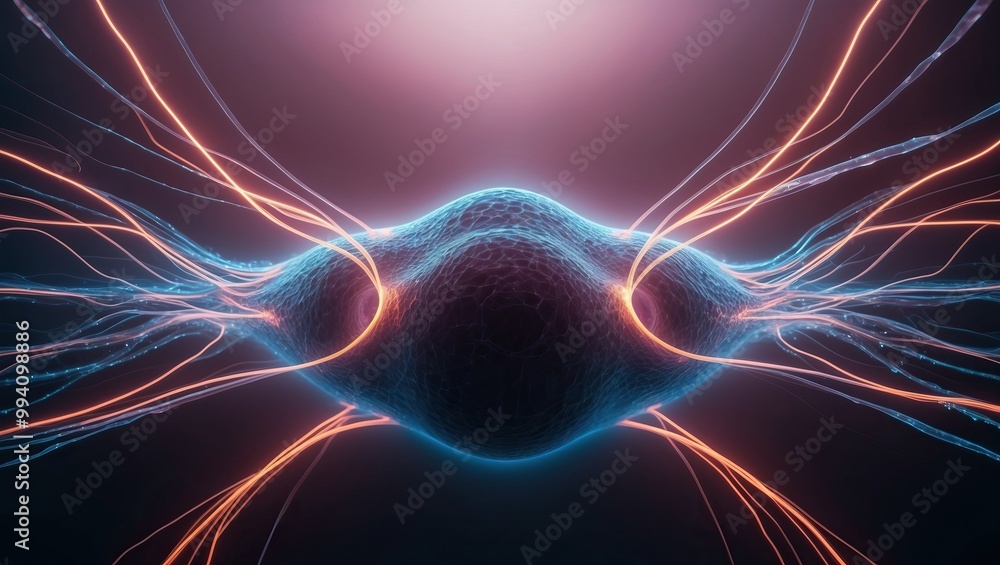 Poster digital representation of neuron with luminous connections. captures scientific exploration and inno