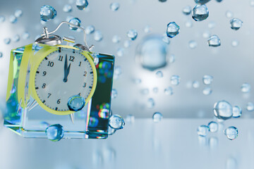 Fototapeta premium A clock submerged in water, surrounded by bubbles, symbolizing the passage of time. 3d rendering