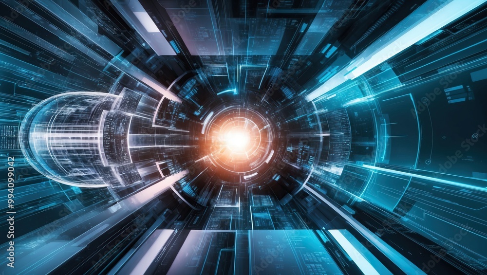 Poster futuristic digital landscape showcasing vibrant light patterns and abstract technology elements sugg