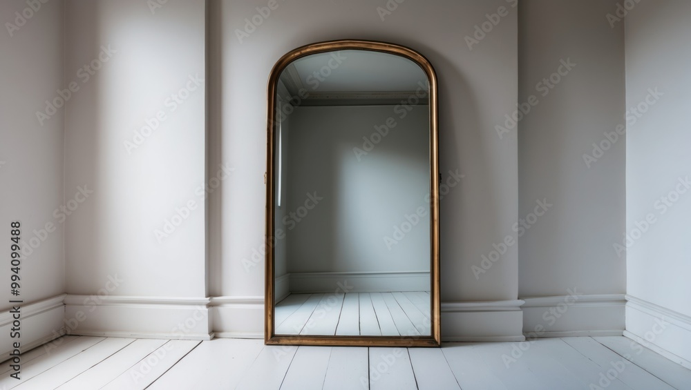 Poster stylish mirror reflecting soft light in minimalist interior, highlighting elegant architecture and c