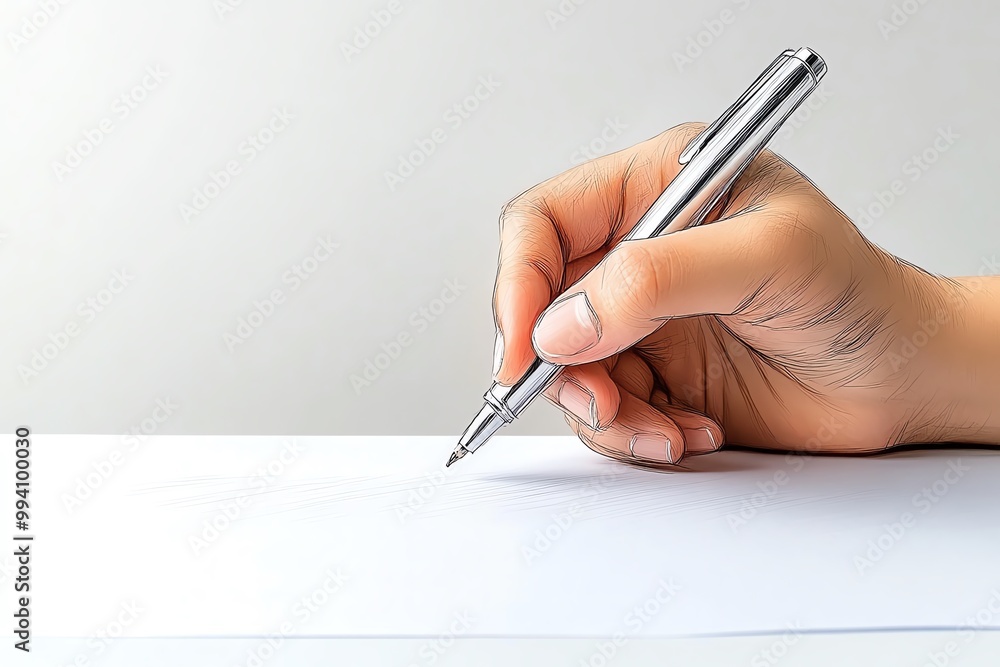 Poster a minimalist sketch of a hand holding a pen, with clean lines and soft shading, symbolizing the act 