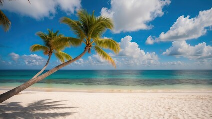 Obraz premium Tropical beach scene with swaying palm trees, clear blue ocean, and sandy shore evokes serenity and relaxation for ideal vacation destination.