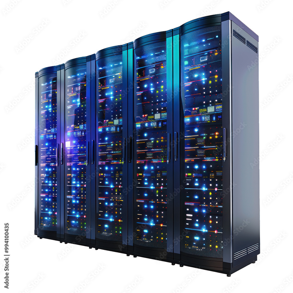 Poster server room in data center showing server racks with blinking led lights indicating information traf